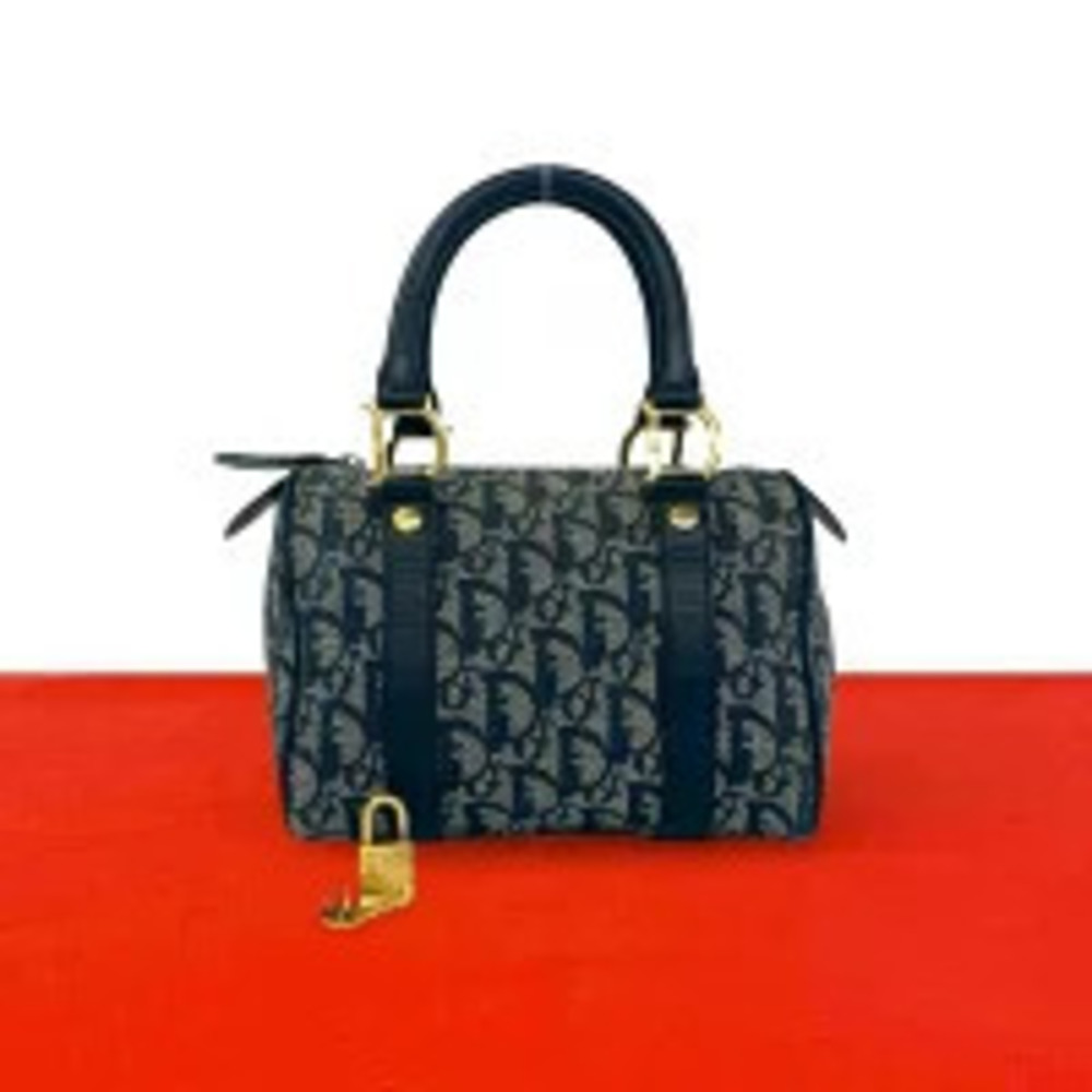 Christian Dior Trotter Canvas Leather Handbag Boston Bag Navy Blue